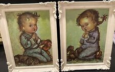 Vintage Bukac MCM Praying Boy Girl Framed Lithograph Art Prints Set of 2 Nursery picture