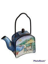 Vtg Empress Arts Enamel Brass Ocean Mountains Table Chair Mini Decorative Teapot picture