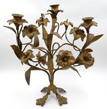 ANTIQUE FRENCH BRASS 19TH CENTURY LEAVES & FLOWERS CHURCH 3 LIGHT CANDLEABRA picture