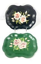 Vintage Toleware Trinket Tray Metal Black Green Floral Vanity Roses Set of 2 picture