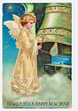 Happy New Year Child Angel Robe Wings Clouds Rings Bell Gilded P/U 1908 (A287) picture