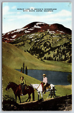 Vintage Postcard OR Morain Lake South Sister Mts Horses Man Woman ~11950 picture