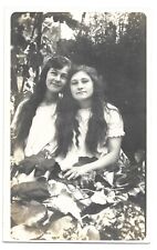 Pretty Girls With Long Hair In Nature, Antique RPPC Photo Postcard picture