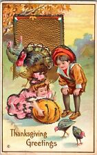 Thanksgiving Greetings Children Carve Pumpkin Turkeys Glitter c1913 Postcard N70 picture