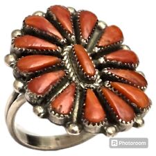 Marvelous Old ZUNI Bernall Natewa CORAL STERLING SILVER Cluster RINGsz9 picture