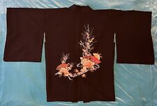 Vintage Black Haori Jacket Kimono w/Painted Peony Flowers and Fans, Gold Outline picture