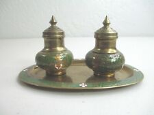 Vintage green Cloissone brass salt & pepper shakers with tray  picture