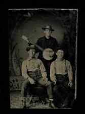 Antique Banjo Tintype One Man Playing, Two Holding Guns Unusual Rare Photo 1800s picture