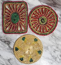 Vintage Woven Raton Trivets. MultiColor. Some Fading. Rectangle and 2 round. picture