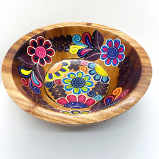 Mexican Folk Art Hand Painted Floral Design Bowl Wood Glossy Finish 10.5