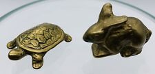 Vintage Mini Tortoise and the Hare Brass Figures Metal Rabbit and Turtle Pair. picture