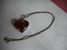 Vintage sterling large pressed amber heart pendant on chain picture