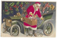 ~SILK ~SANTA CLAUS in Car~Toys~ Basket~Monkey~Doll~Holly CHRISTMAS Postcard~h813 picture