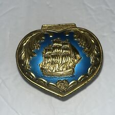 Vtg Small Heart Shaped Gold Tone Blue Sailing Ship Trinket Footed Box Japan picture