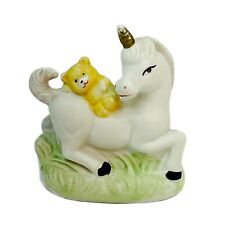 Whimsical Vintage Porcelain Figurine Yellow Teddy Bear Riding White Unicorn picture