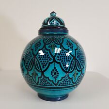 VTG Estate Moroccan Urn Exotic Handmade Wheel Thrown Terracotta Vase Turquoise picture
