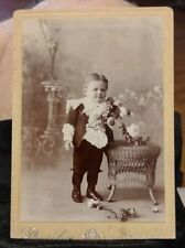 Antique Cabinet Card Photograph Adorable Little Boy WELL Dressed & Flowers.  picture