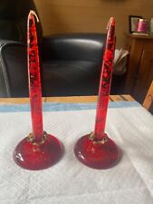 VINTAGE MCM PAIR RED LUCITE GOLDFLECK  8” TAPER CANDLES Matching LUCITE HOLDERS picture