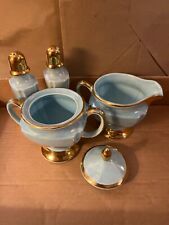 Creamer, Sugar Bowl & S/P  Shakers 1930's CG USA Warranted 22K Gold Teal Blue picture