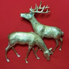 VTG Cast Iron Brass Mystical Stag Reindeer & Grazing Spotted Doe Set of 2 picture