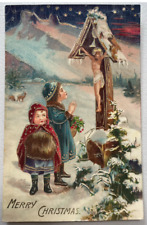 Young girl praying to Resurrected Jesus Christmas Postcard gold gilt inlay picture
