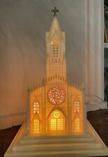 Vintage 50’s Cathedral Light-Up Church With Stain Glass Windows 10.5”x6.5” X5.5” picture