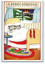 c1905 Merry Christmas Socks Cats Kittens Sleeping Bed Winter Snow Postcard picture