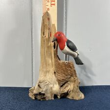 Hand Carved Painted Red-headed Woodpecker On Driftwood Bird Decoy 9” picture