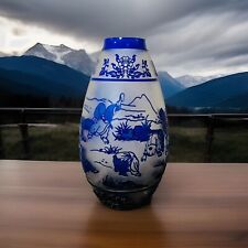 Vtg Blue Peking Cut Etched Glass Vase Cut Cobalt Crystal Large Chinese Asian picture