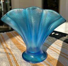 Antique Fenton Celeste Blue Iridescent Stretch Glass Melon Rib Lobed Fan Vase picture