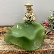 Asian Jade Glass Leaf Catchall Dish with Hand Carved Figure - Made in Italy picture
