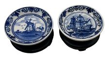 Vintage Pair Delfts Blue White Miniature Plates Ship Windmill Wooden Stands picture
