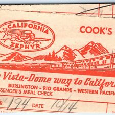 c1940s California Zephyr Train Dining Cooks Check Receipt Vista Dome Railway C39 picture
