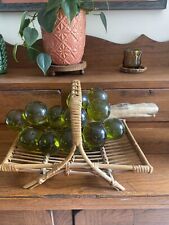 Vintage MCM Green Lucite 13 “ Glass Grape Clust. Driftwood W/ Rattan Holder picture