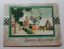 Vtg. Christmas Card UNIQUE Design Paper Snow Scene Pines Homes Victorian Couple picture