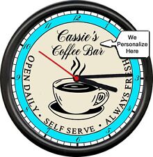 Personalized Name Kitchen Coffee Bar Steaming Cup Teal Gift Sign Wall Clock picture