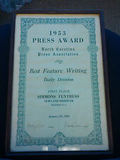 1953 North Carolina Press Award for well known journalist Simmons Fentress picture