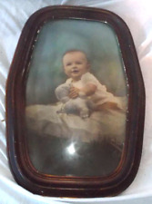 Antique Wooden Oval Bubble Convex Glass Hexagon Frame Child Picture 17.5