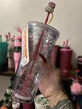 NEW Dunkin Donuts Valentines Tumbler ~2023~Clear SPARKLES GLITTER w/Straw~NEW~ picture