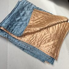 Vtg Peach & Blue Hand Stitched Reversible Satin Quilt Blanket 88