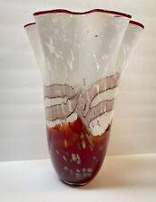 Vtg Heavy Large Art Glass White Red Gold Flecks Murano Handkerchief Ruffle Vase picture