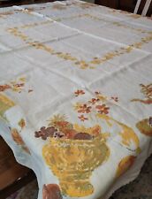 Vintage Linen Tablecloth Fruit Cheese Flowers & Tea Yellow Green Orange 1960s picture