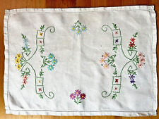 Small Vintage Hand Embroidered Linen Tablecloth Floral Cottage Farmhouse -STAINS picture