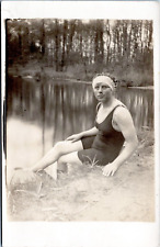RPPC - Woman in swimsuit by water - Real Photo Postcard 1928 - German picture