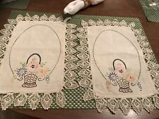 vintage Embroidery Doilies / Flowers In Basket Lovely Lace Edging (2) picture