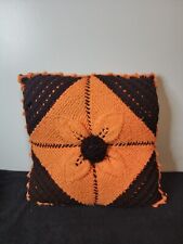 Beautiful Vintage 13×13 Halloween Orange And Brown Hand Knitted Flower Pillow picture