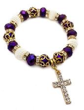 Purple Crystal Beads Rosary Bracelet Catholic Bangle Gold Cross Zircons Gems picture