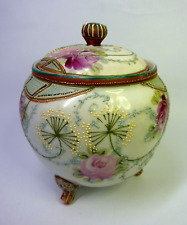 Vtg c1911's Nippon Moriage Floral Hand Painted Lidded Jar 6'' Tall VGC Look/Read picture