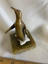Vtg Cast Brass Penguin Paper Weight. Green Marble Base 2”.  3 3/4” High. picture