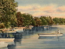 Vintage Linen Postcard Greetings from Muskegon Michigan MI Lake Shore Canoe picture